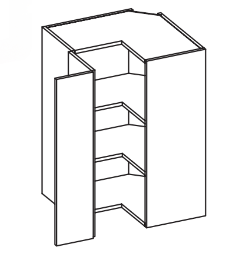 Line drawing of a corner cabinet with shelves and an open door.